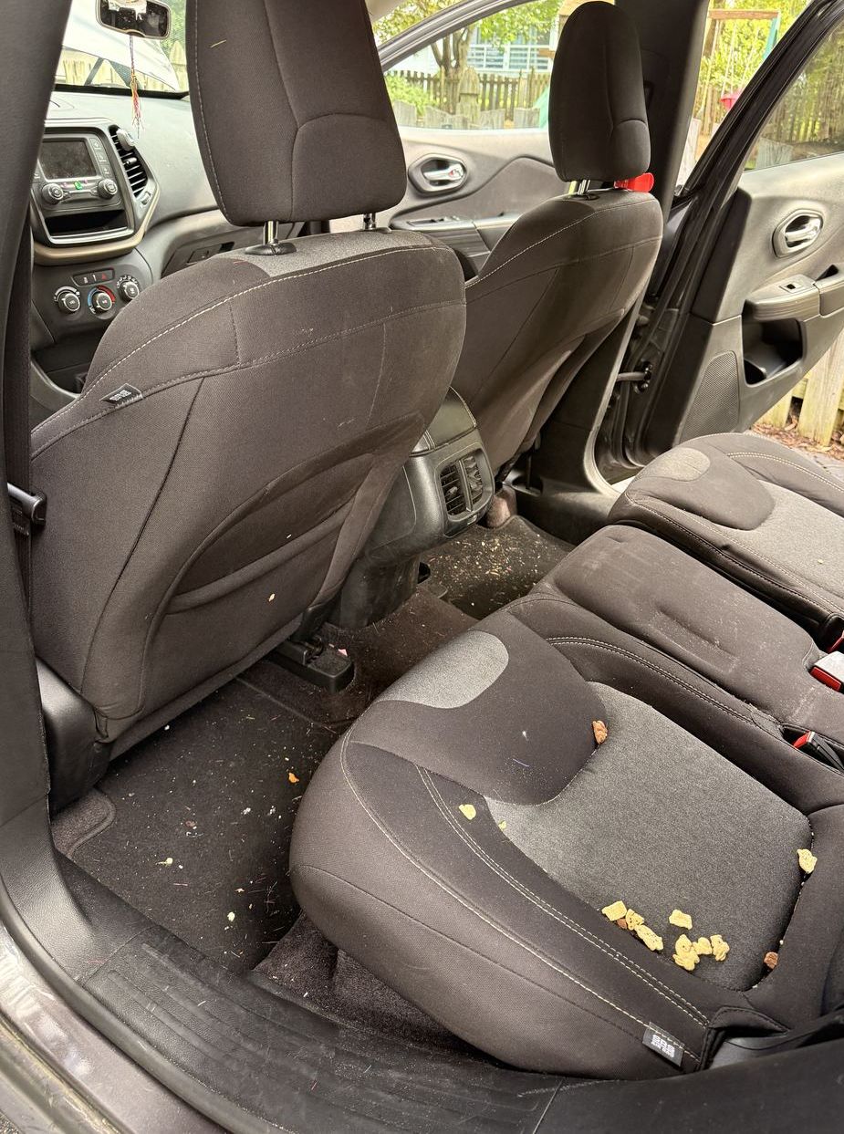 Jeep Cherokee rear seats before detailing, crumbs and debris
